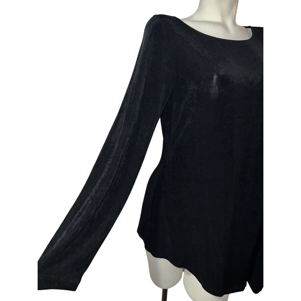 Chicos Travelers Black Slinky Knit Asymmetrical Side Drape Tunic Top Size 1 - Picture 3 of 8